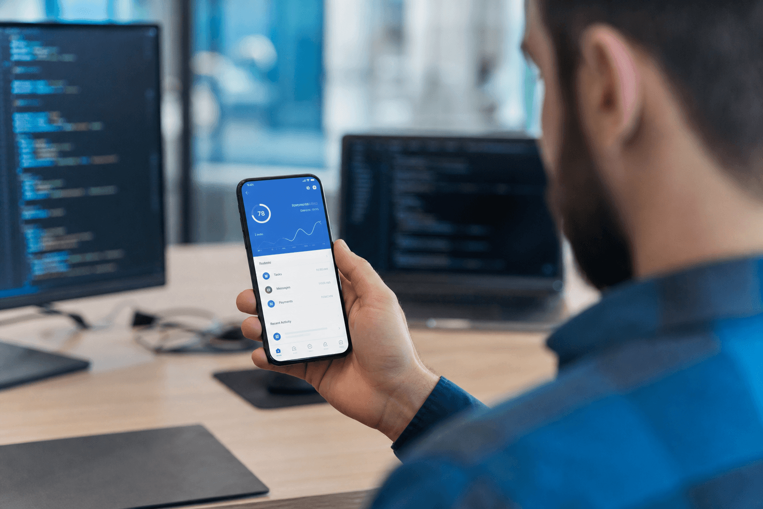 Business owner managing appointments on phone and laptop